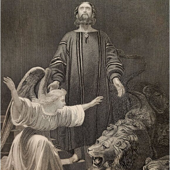 1873 Daniel In The Lion's Den Steel Engraving Victorian Bible Antique F12A - Picture 1 of 2
